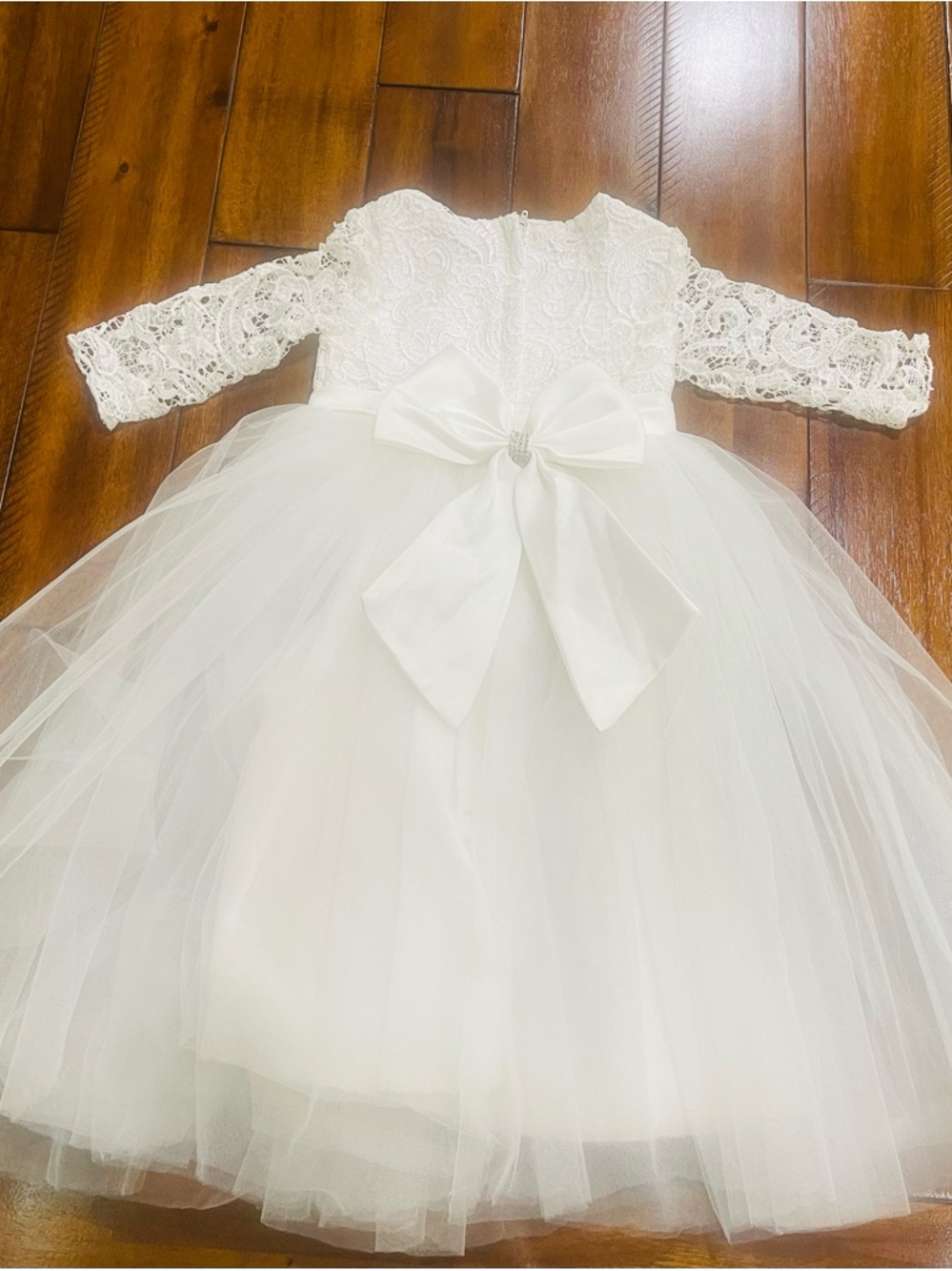 Ivory Lace & Tulle Flower Girl Dress with Bow Accent